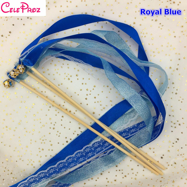 Royal Blue Wedding Glitter Ribbon Wands Lace Fairy Sticks With Bells Birthday Ribbon Wands Wedding Photo Props Party Supply