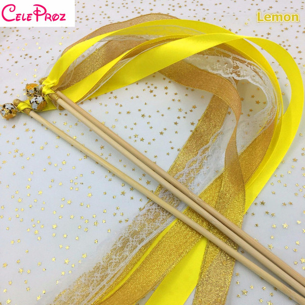 Lemon Yellow Wedding Glitter Ribbon Wands Lace Fairy Sticks With Bells Birthday Ribbon Wands Wedding Photo Props Party Supply