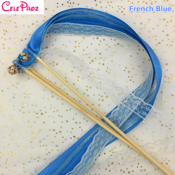 French Blue Wedding Glitter Ribbon Wands Lace Fairy Sticks With Bells Birthday Ribbon Wands Wedding Photo Props Party Supply
