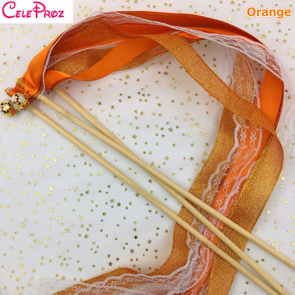 Orange Wedding Glitter Ribbon Wands Lace Fairy Sticks With Bells Birthday Ribbon Wands Wedding Photo Props Party Supply