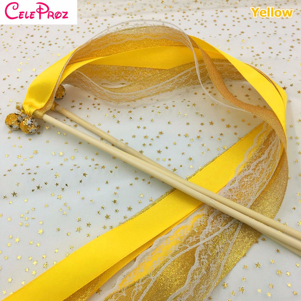 Golden Yellow Wedding Glitter Ribbon Wands Lace Fairy Sticks With Bells Birthday Ribbon Wands Wedding Photo Props Party Supply