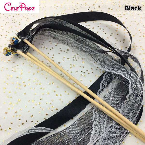 Black Wedding Ribbon Wands Glitter ribbon Lace Streamer Fairy Stick With Bells Birthday Ribbon Wands Wedding Photo Props