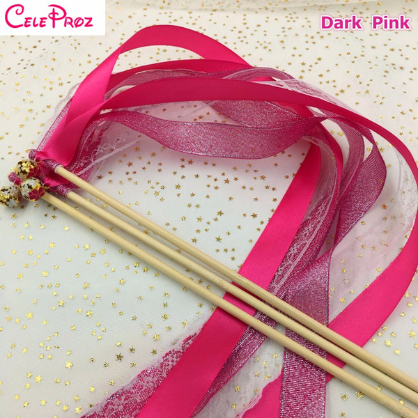 Dark Hot Pink Wedding Glitter Ribbon Wands Lace Fairy Sticks With Bells Birthday Ribbon Wands Wedding Photo Props Party Supply
