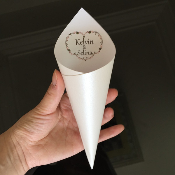 25 Custom wedding pearly ivory confetti cone paper personalized text with pink flower wreath baby shower christening party decor