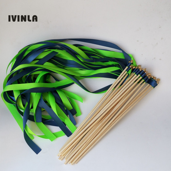 Newest 50pcs/lot green & royal wedding ribbon wands with gold bell