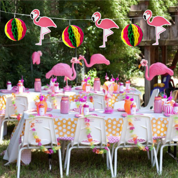 Flamingo Coconut Tree Honeycomb Ball Banner Birthday Party Decorations Kids Adult Hawaiian Luau Tropical Theme Party Flags 3M