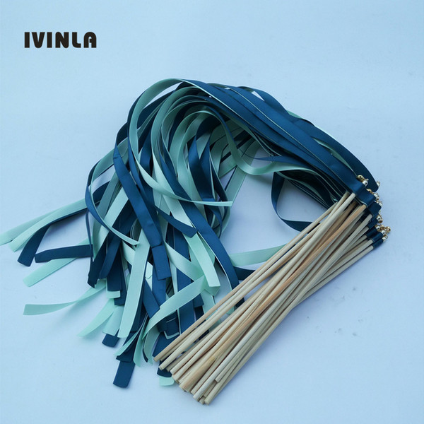 50pcs/lot green and navy wedding ribbon wands stick for wedding decoration
