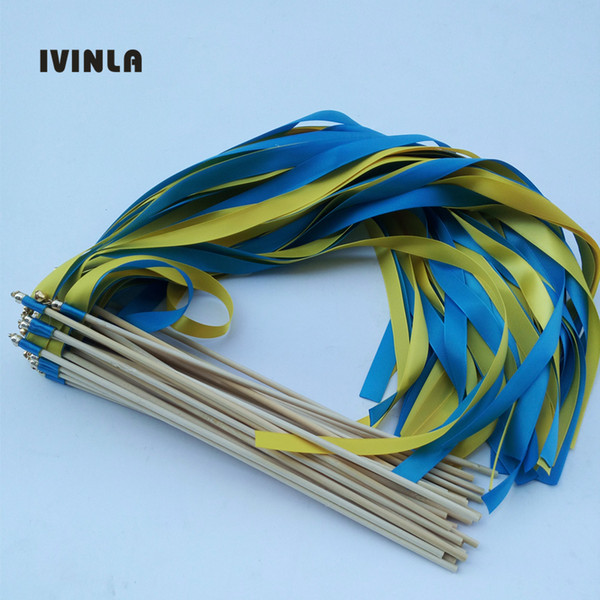50pcs/lot yellow and blue wedding wands Twirling Streamers wedding ribbon stick for wedding decoration
