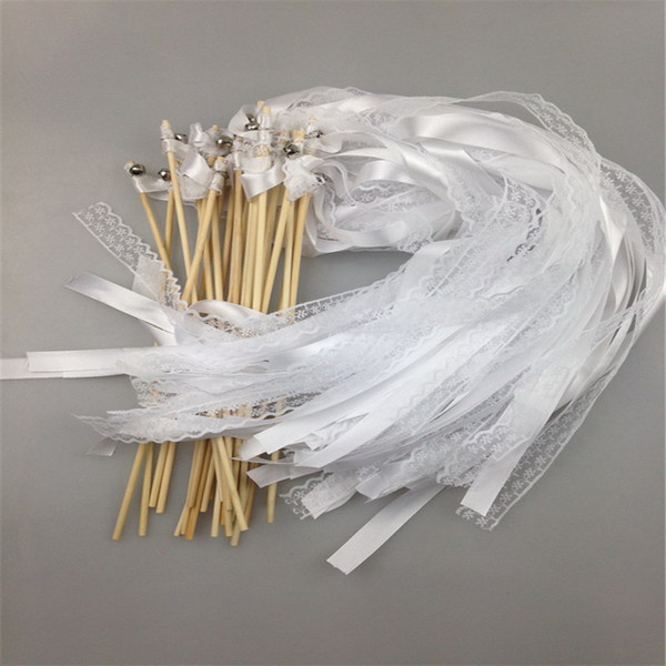 100Pcs White Ribbon and Lace Fairy Stick Twirling Streamers Festival Party Favor Confetti Ribbon Wedding Sticks/Wands With Bells