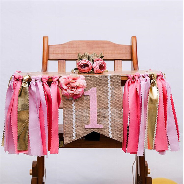 Pink Happy Birthday Banner pink Tissue clothe Tassel Birthday Decorations Girl Boy Kids Party banners with flower birthday hat