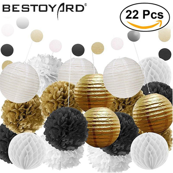 22pcs Tissue Paper Pom Poms Flowers Paper Lanterns Honeycomb Ball And Polka Dot Paper Garland For Wedding Party Decorations