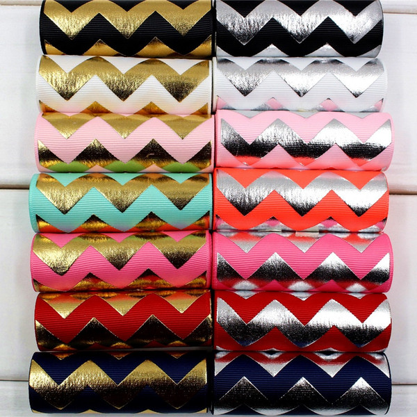 DHL Free 3 inch chevron gold foil stripe Gold Chevron Stripe Print Grosgrain Ribbon