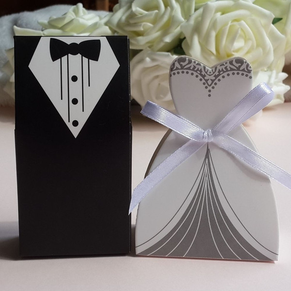 New Tuxedo Dress Groom Bridal Wedding Party Favor Dress & Tuxedo Gift Ribbon Candy Boxes