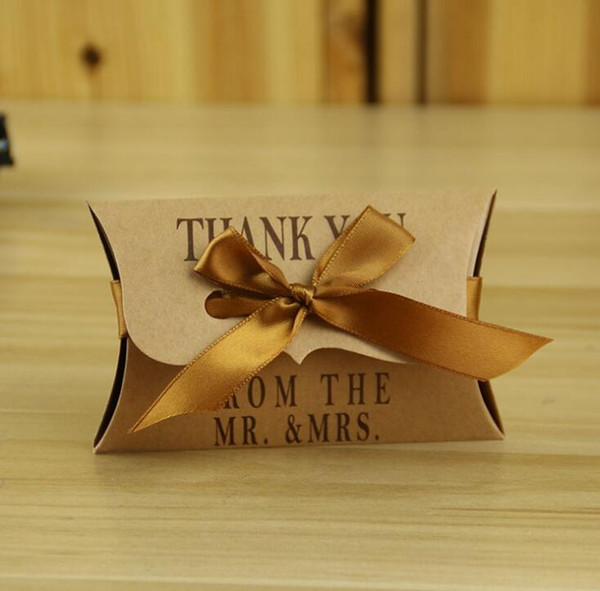 Kraft Paper Pillow/Square Candy Box Rustic Wedding Favors Candy Holder Bags Wedding Party Gift Boxes with ribbon 100pcs/lot