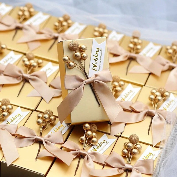 50 Pcs Wedding Favors Pink Golden Unique DIY Bead Flower Square Paper Candy Box Packaging Gift Boxes For Guest Free Shipping Party Supply