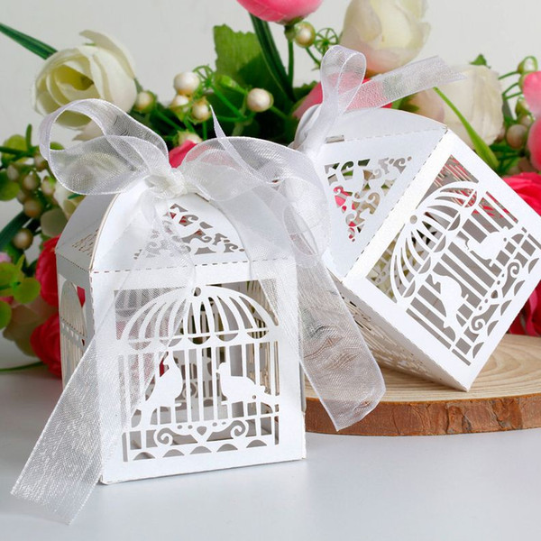 2015 Free Shipping 50PCS/lots Laser Cut Birdcage Wedding Favor Box in Pearlescent white paper box,party show favor box