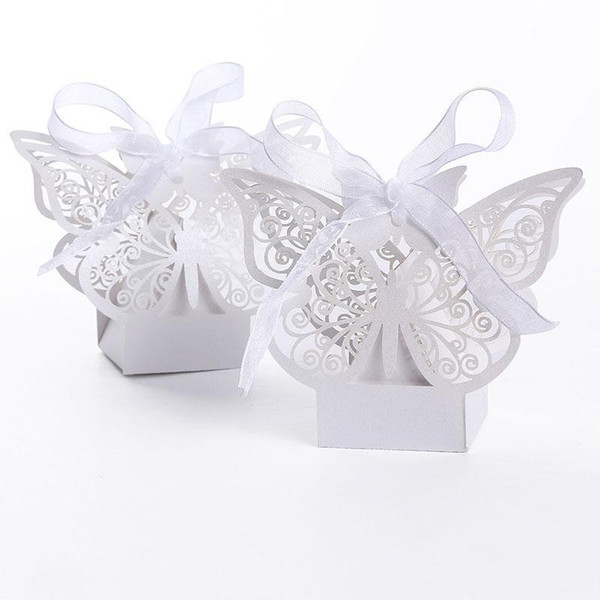 100pcs Butterfly Laser Cut Hollow Carriage Baby Shower Favors Boxes Gifts Candy Boxes Favor Holders With Ribbon white pink red color