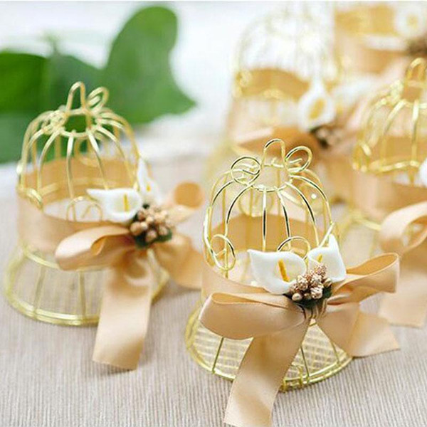 100pcs Unique Simple Golden Metal Bird Cage Birdcage Box Candy Boxes Wedding Events Christmas Valentine 's Gift Favor ZA4933