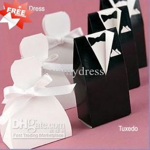 Stock 2019 Fashion White&Black Flower Bride Groom Tuxedo Wedding Candy Favor Boxes Box Gifts 100/lot