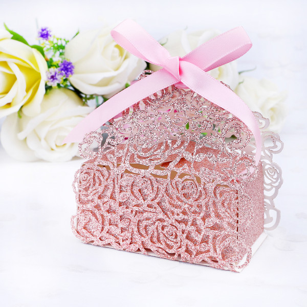 50pcs/Lot Laser Cut Rose Glitter Paper 2 IN1 Rose Flower Wedding Favor Ribbon Candy Boxes Gift Boxes Wedding Party Favor Decor