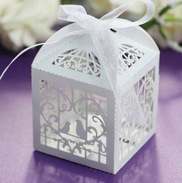 2019 Wedding Candy Boxes 100 Pcs Love Bird Laser Cut Wedding Bomboniere Chocolate Candy Gift Box with Ribbon Wedding Decorations