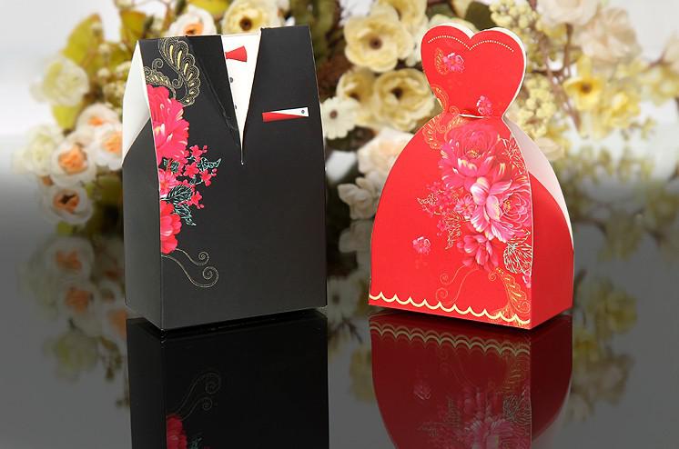 freeshipping Wedding favor boxes gift Black and red formal dress candy box Flower Bridal Gown Dress Groom's Tuxedo 200pcs/lot