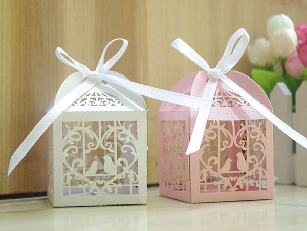 2016 new Creative Love is bird style Ribbon bow Laser hollow out Candy box Wedding and joyful box 50pcs/lot drop shipping