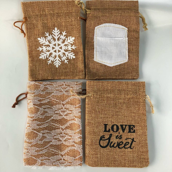 Pack of 20 Retro Linen Burlap Pouch Jute Bag Drawstring Gift Wrap - Snowflake, Love is Sweet, Floral Lace, Sewn Writing Fabric, 5.5 * 4 Inch