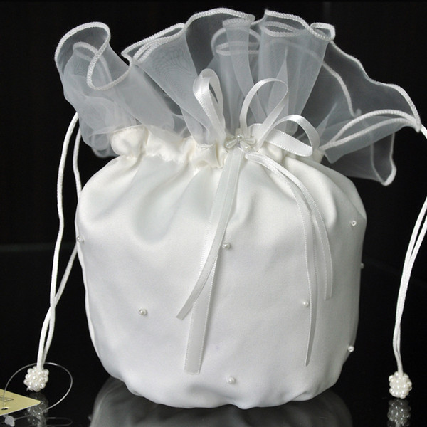 Free Shipping New Arrival Wedding Accessories Bridal Beaded Flowers Bag Jewelry Bag Favor Bag White/Ivory Satin