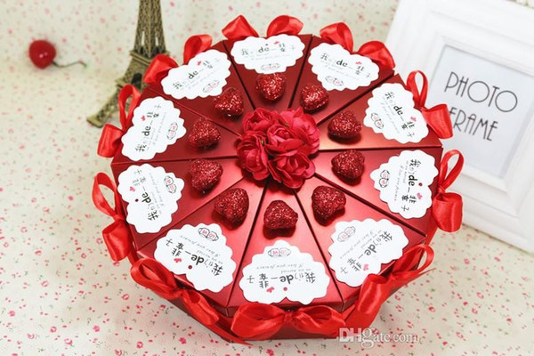 Cake Shaped Paper Candy Boxes with PE Rose Flower Bowknot Ribbon for Romantic Wedding Favors Party Gift Boxes Holders 