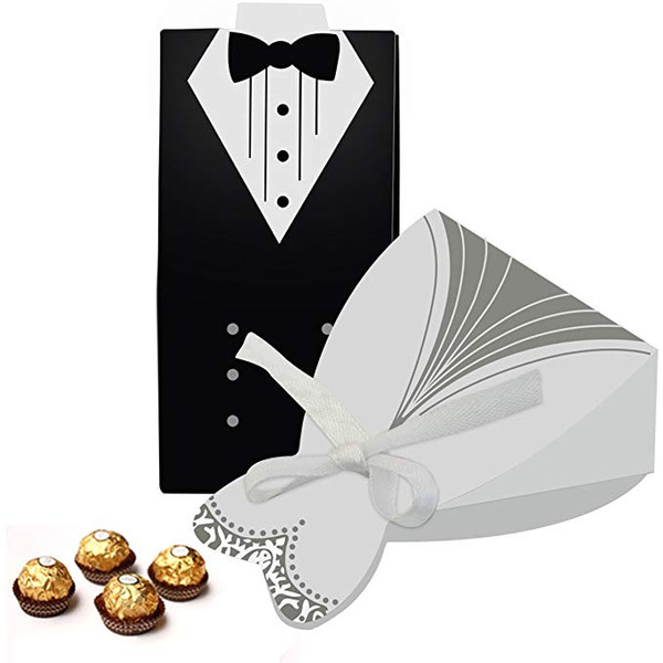 Creative Tuxedo bridal Dress candy box 50pcs bulk Candy Chocolate Gift Box Bonbonniere for wedding favor holders Laser Cut card with ribbon