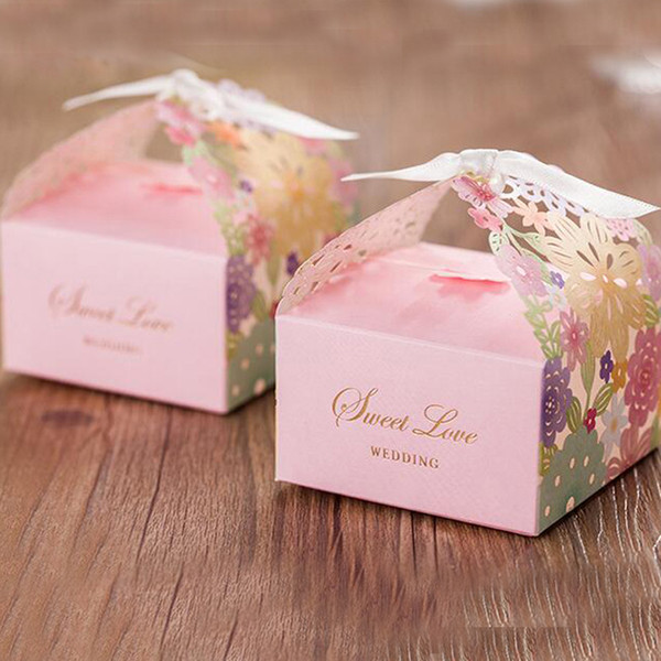 Wedding Party Candy Box with Ribbon Pink Romantic Wedding Favor Decoration Floral Laser Cut Sweet Love Wedding Chocolate Box