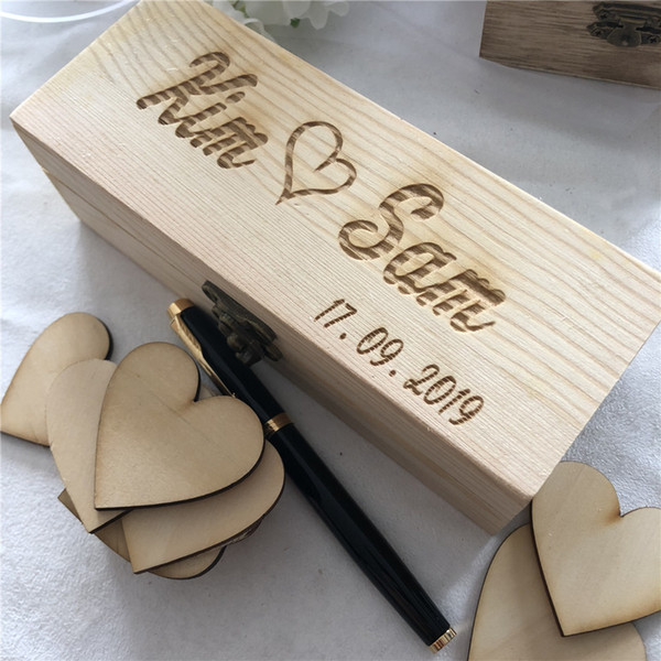 Rustic Wedding Guestbook, Personalized Wedding Box Guestbook, Custom Wooden Wedding Gift Box with 50pcs love Heart Tags