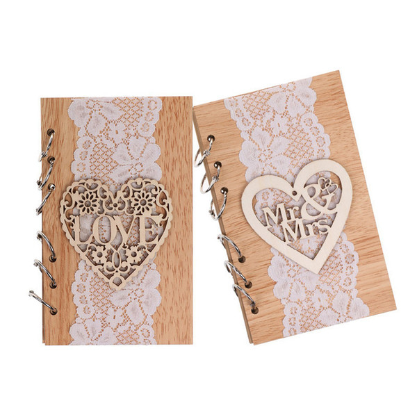 DIY Retro Removable Wooden Guest Book for Wedding Party Hollow Loving Heart Mr&Mrs Wood Signature Guest Books with White Lace
