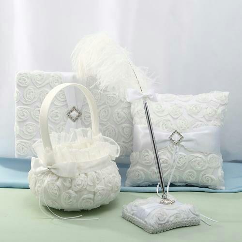 4 PCS Off White 3D Rose Flowers Guest Books And Pen Sets Rhinestone Ring Pillow Flower Basket Garter For Wedding Favors Free Shipping