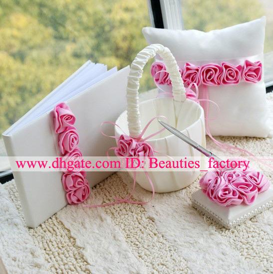 Wedding Collection Set Pink Rose Wedding Guestbook Pen Ring Pillow Flower Basket For Wedding Favors Hot Sale