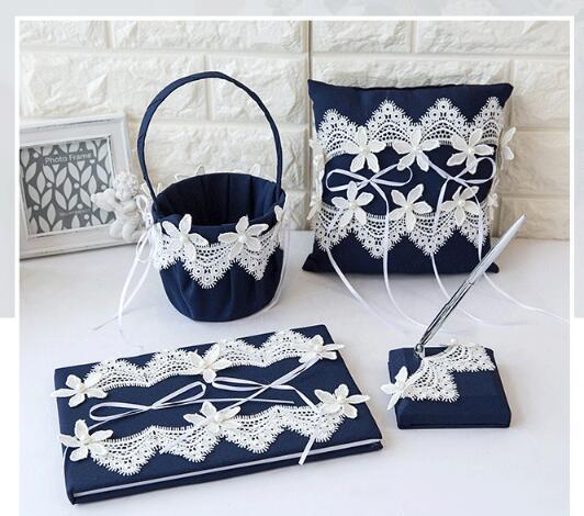 European wedding four-piece silk and lace flower Guest signature book signature pen Sets combination Pillow flower basket for children
