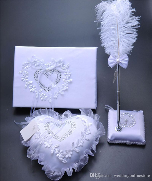 3Pc set Burlap Hessian Lace Crystal Wedding Guest Book Pen Set Ring Pillow Garter Decoration Love Heart Bridal Ring Pillows Wedding Supplies