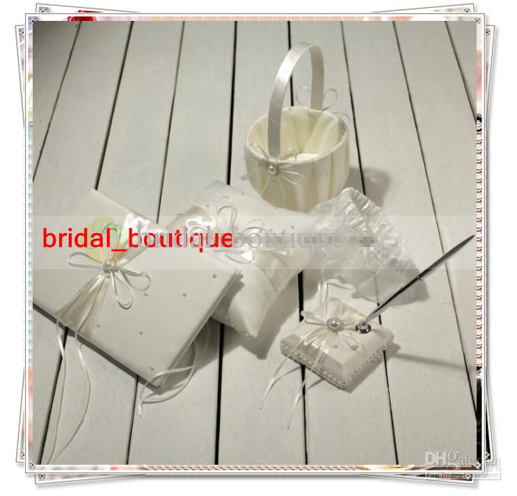 New Arrival Cheap Ivory Satin Ring Pillow Wedding Favor Guest Books & Feather Pen Container Sets 189