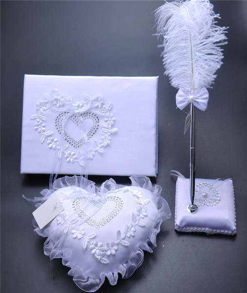 3Pc set Burlap Hessian Lace Crystal Wedding Guest Book Pen Set Ring Pillow Garter Decoration Love Heart Bridal Ring Pillows Wedding Supplies