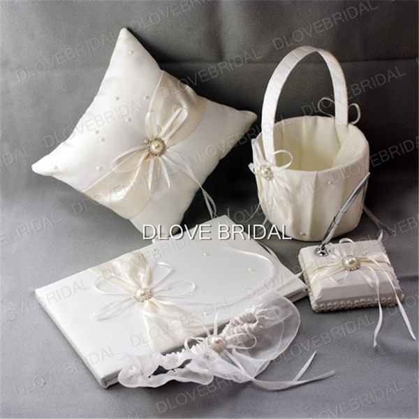 High Quality Wedding Supplies Ivory Satin Bridal Favors Set Ring Pillow Flower Girl Basket Guest Book Sign Pen Container Garter Real Photo