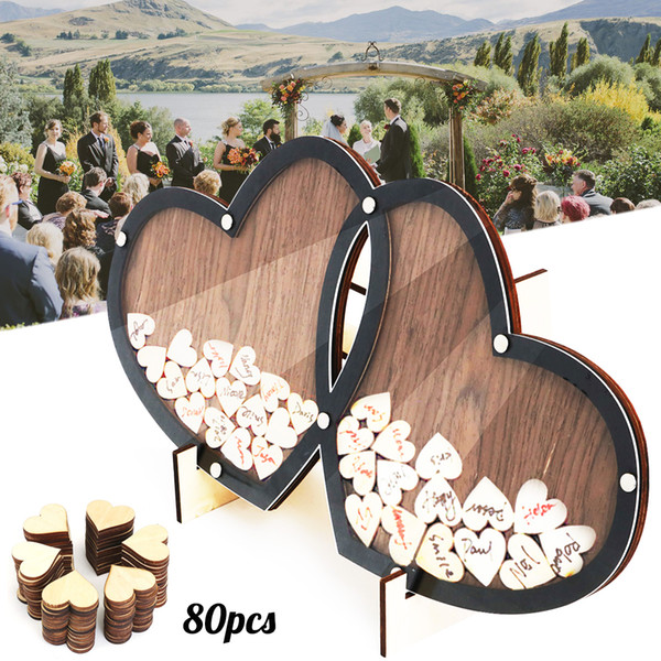 Wooden Hearts Wedding Guest Book Double-Heart Frame Holder Stand Visit Sign Book Guestbook Party Decor Ornaments with 80 Hearts