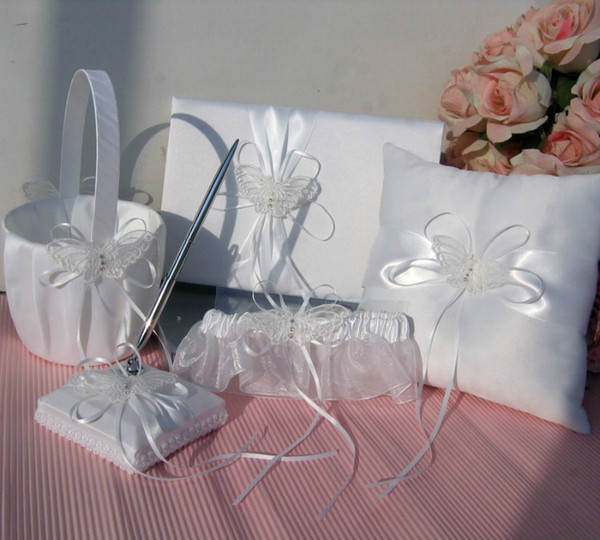 New Arrivals 2016 Ivory Double Heart Diamante Wedding Guest Book,Pen,Ring Pillow,Flower Basket,Garter Set
