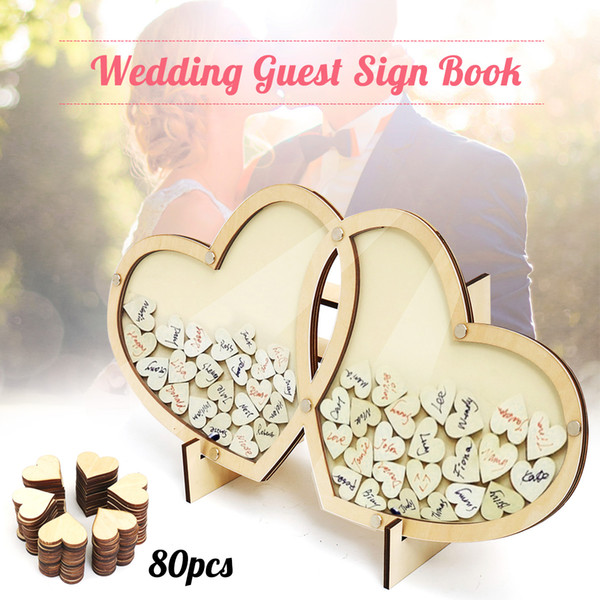 Hearts Wedding Guest Book Visit Signature Sign Book 3D Wooden Double-Heart Pendant Drop Ornaments for Party Decoration