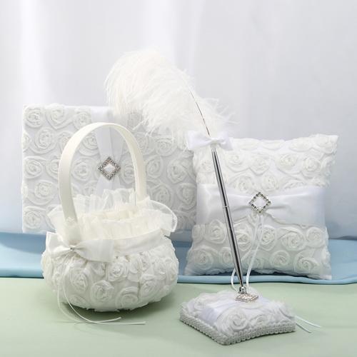 2016 Trendy Fashion Wedding Ceremony Party Love Case Satin Bowknot Rose Flower Girl Basket & Wedding Guest Book& Pen Set &Ring Pillow