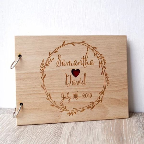 Wedding Guest Book , Personalized Rustic Guest Book with a heart hole, Wooden Bride & Groom Wedding Guestbook