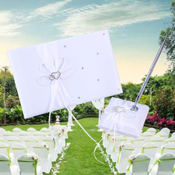 2PCS Weddings Guest Attendance Book with Pen and Pen Stand Sets Satin Bows Signature Book for Party Weeding Decorations