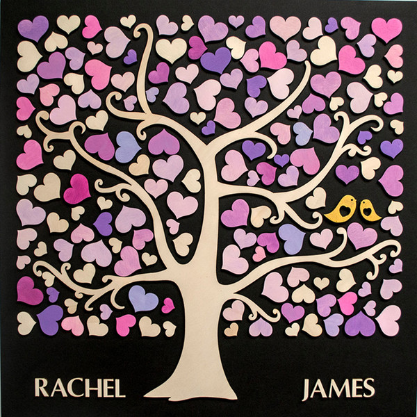 3D Custom Guest Book Alternative Tree Wood - Gold birds,Personalized Wedding Guests Gift, Unique Guestbooks Hearts Tree of Life