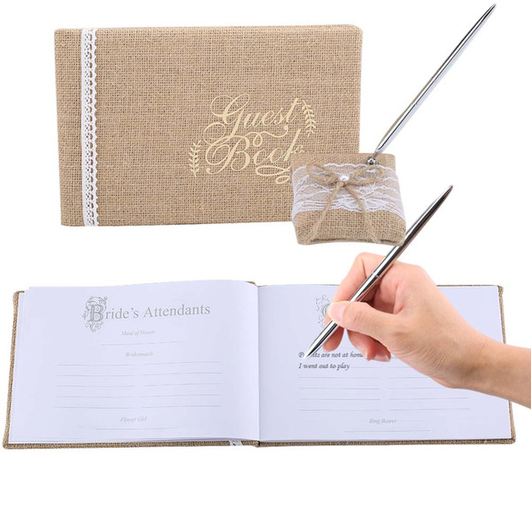 Guest Calligraphy Book Burlap Fabric With Lace Flowers for Birthday Party Reception Wedding Home Decoration Signature Guest Book
