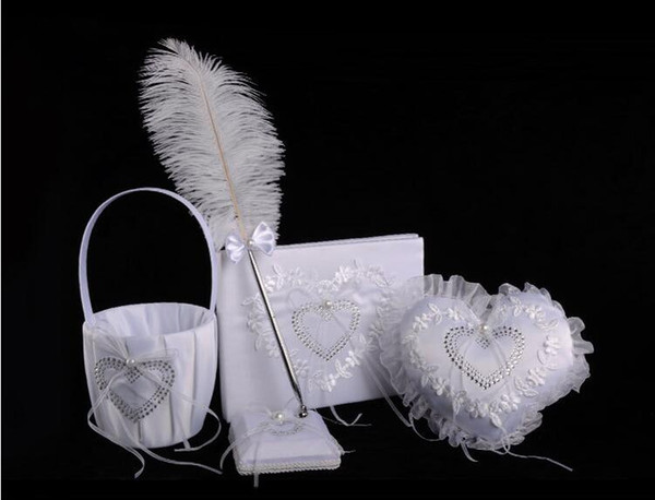 Hot sell western wedding products 4 sets of creativering pillow + sign book + feather pen + flower basket